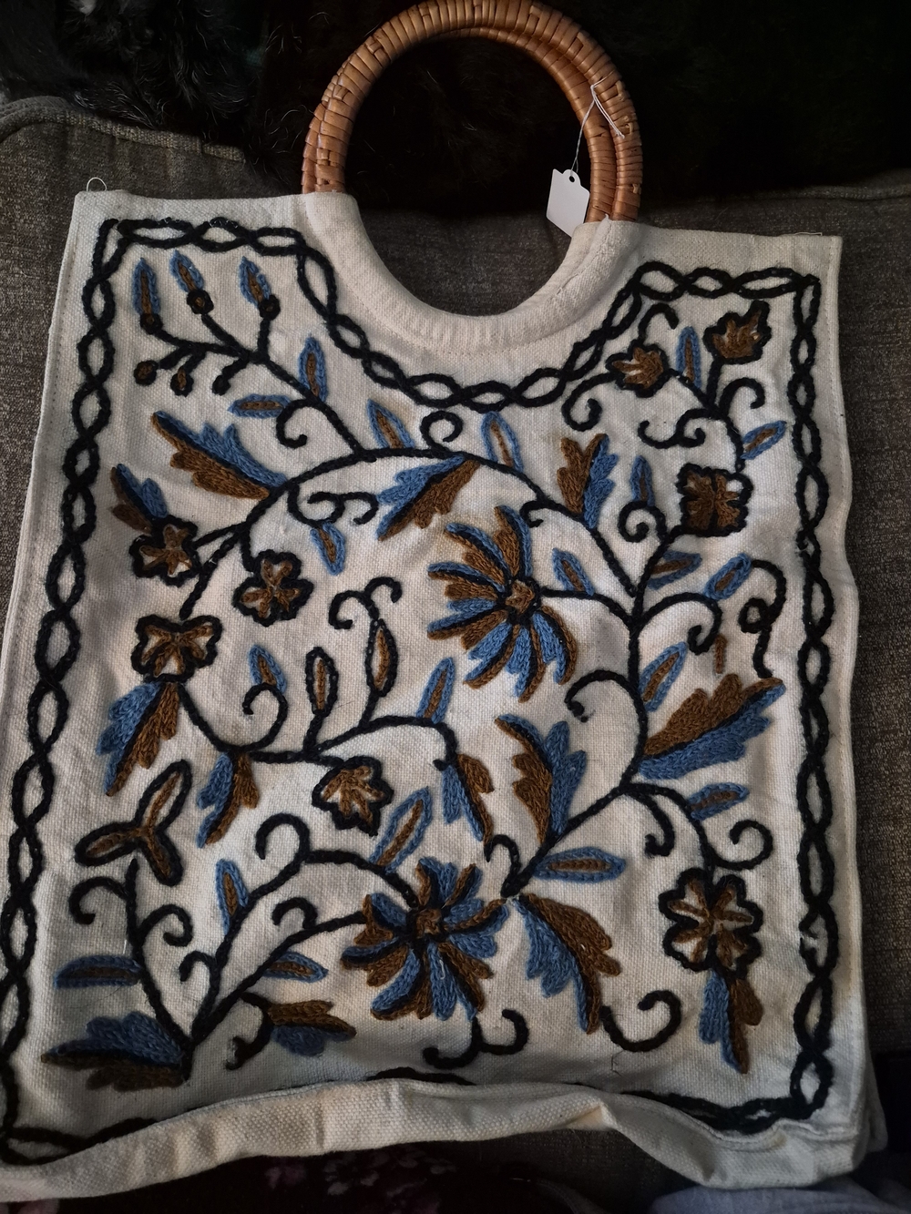 Hand-Embroidered Blue & Brown Floral Tote with Woven Handles